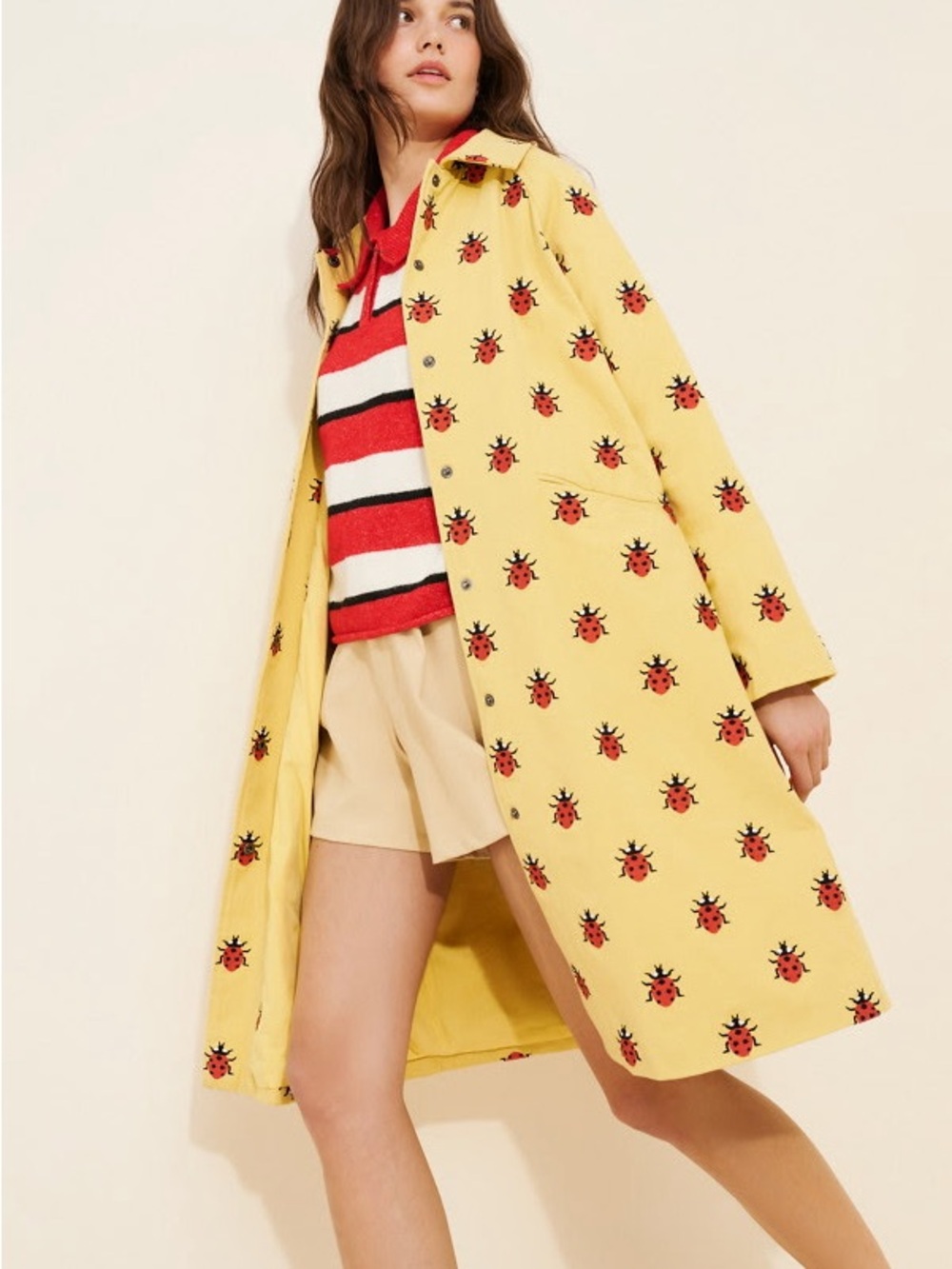 Yellow Ladybug Print Pea Coat - Women's Long Coat